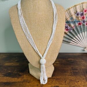 White Seed Bead Necklace Tassel Design Vintage 1960’s 1970’s 22 Inch